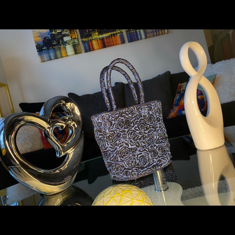 Blue & Black rose embroidered handbag with iridescent beading.